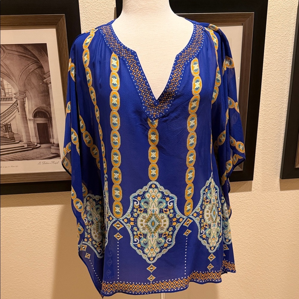 Hale Bob Silk Blue Gold Teal Embellished V-Neck Women's Top Boho Resort